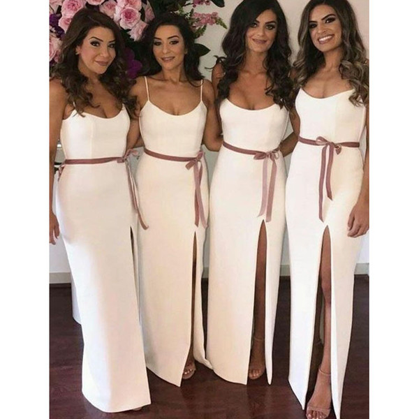 White Long Mermaid Bridesmaid Dresses New Spaghetti Bow Floor Length Sleeveless Split Side Formal Wedding Gowns Bridesmaids Party Dress