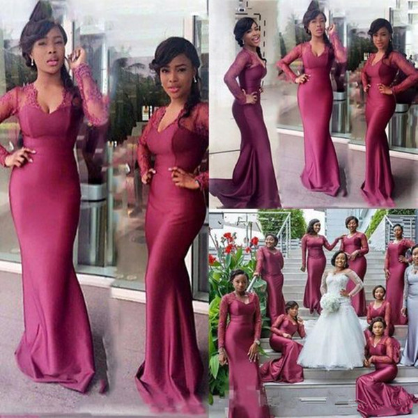 Burgundy Long Sleeve Mermaid Bridesmaid Dresses New Lace Scoop Neck Floor Length Formal Wedding Gowns Party Dress