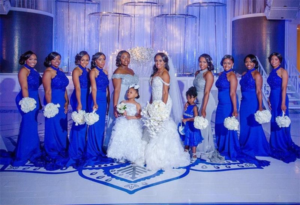 Royal Blue Mermaid Long Bridesmaid Dresses New Sleeveless Halter Neck Sweep Strain Lace Wedding Party Dress Wedding Gowns