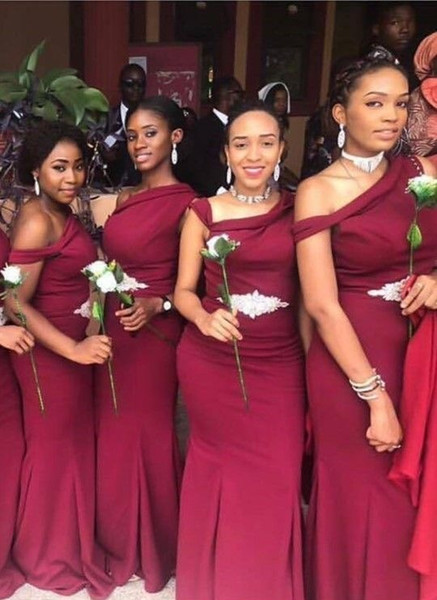 African Burgundy Mermaid Bridesmaids Dresses New Off the Shoulder Floor length Sleeveless Wedding Gowns Bridesmaid Dress