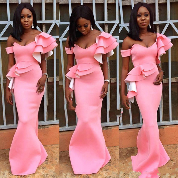 African Pink Mermaid Bridesmaid Dresses New Off The Shoulder Ruffles Floor Length Long Wedding Dress Party Dress Custom Made