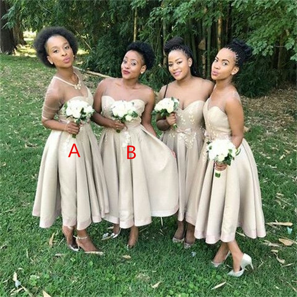 South African A Line Bridesmaid Dresses New Sleeveless Tea Length Pleats Lace Applique Wedding Gowns Party Dress