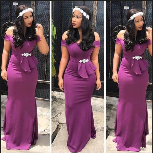 South African Purple Mermaid Bridesmaid Dresses New Off The Shoulder Floor Length Ruffles Pleats Formal Wedding Gowns Party Dress