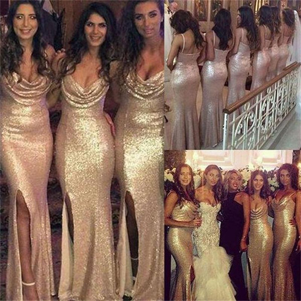 Sparkly Sequined Mermaid Bridesmaid Dresses New Long Spaghetti Floor Length Split Side Ruffles Formal Wedding Gowns Party Dress