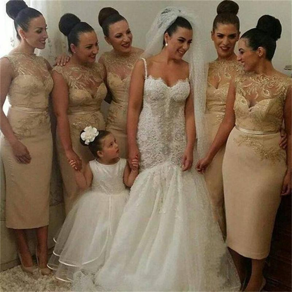 Simple Tea Length Mermaid Bridesmaid Dresses New Sleeveless Lace Applique Jewel Neck Formal Wedding Gowns Bridesmaid Party Dress