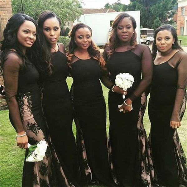 Simple Black Mermaid Bridesmaid Dresses New Scoop Neck Floor Length Lace Applique Long Sleeve Formal Wedding Gowns Bridesmaid Dress