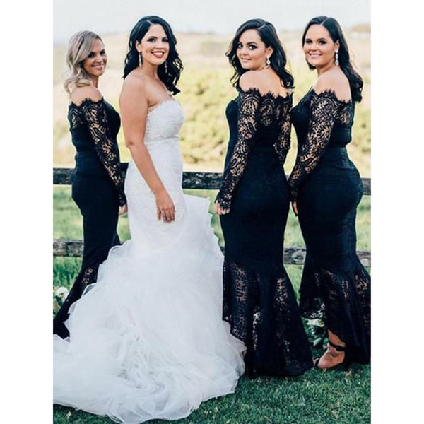 Off The Shoulder Mermaid Bridesmaid Dresses New Long Sleeve Lace Illusion High Low Formal Wedding Gowns Party Dress