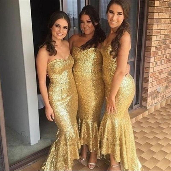 Gold Sequined High Low Bridesmaid Dresses New Sweetheart Sleeveless Simple Formal Wedding Gowns Party Dress