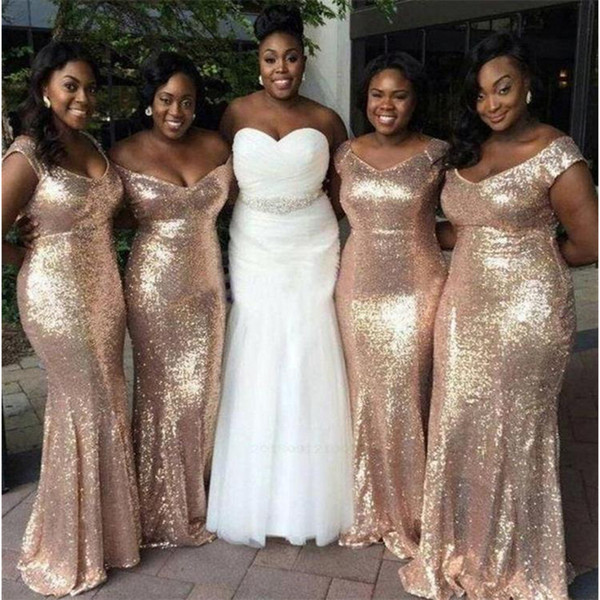 Sparkly Sequined Mermaid Bridesmaid Dresses New Off The Shoulder Floor Length Sleeveless Formal Wedding Gowns Party Dress