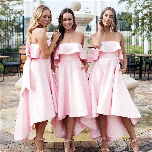 Bow Pink A Line Bridesmaid Dresses New Strapless High Low Simple Sleeveless Formal Wedding Gowns Party Dress Custom Made