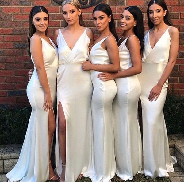 Simple Long Mermaid Bridesmaid Dresses New Sleeveless V Neck Split Side Spaghetti Floor Length Formal Wedding Gowns Party Dress