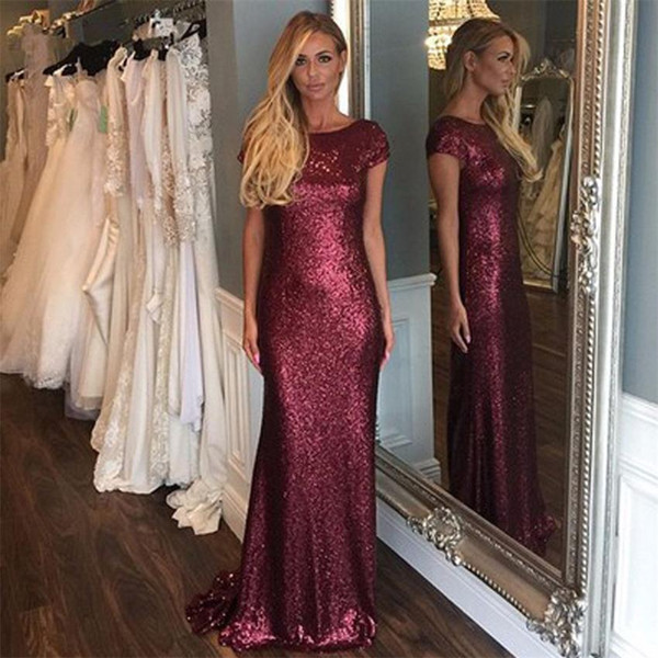 Simple Burgundy Mermaid Bridesmaid Dresses New Short Sleeve Floor Length Floor Sparkly Sleeveless Formal Evening Dress Party Gowns