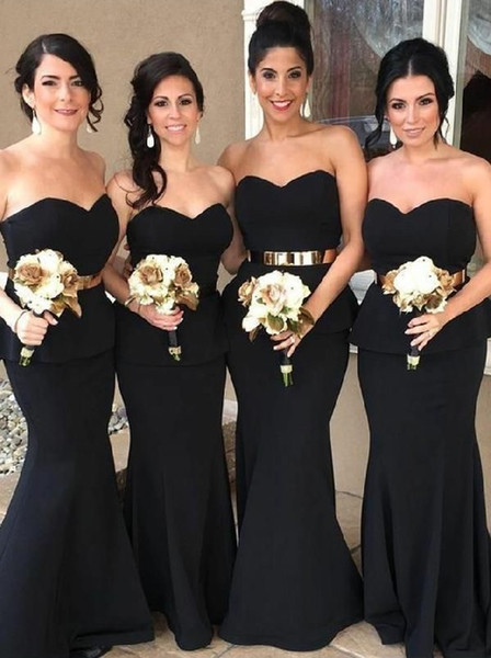 Sexy Black Mermaid Bridesmaid Dresses New Sleeveless Sweetheart Floor Length Peplum Floor Length Wedding Party Dress Wedding Gowns