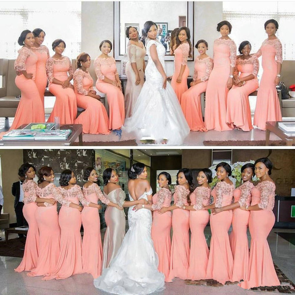 African Long Mermaid Bridesmaid Dresses New 1/2 Long Sleeve Scoop Neck Floor Length Wedding Gowns Party Dresses