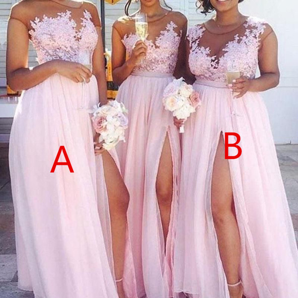 Modern Split Side Long Bridesmaid Dresses New Sleeveless Floor Length Lace Applique Scoop Neck Wedding Dress Party Gowns