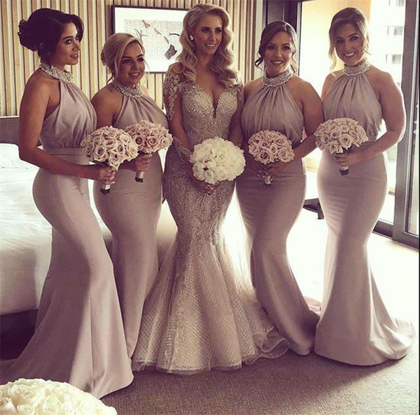 Sexy Mermaid Long Bridesmaid Dresses New High Neck Floor Length Sleeveless Ruffles Beading Wedding Gowns Party Dress Custom Made