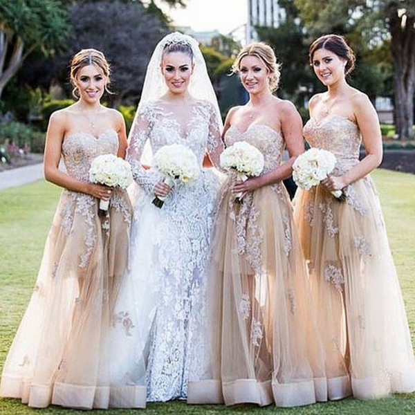 Modern A Line Long Bridesmaid Dresses New Sleeveless Tull Floor Length Floor Length Lace Applique Wedding Guest Dress Party Gowns