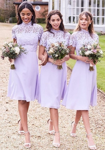 Lavender Keen Length Bridesmaid Dresses New Short Sleeve Chiffon Lace High Neck Wedding Guest Dress Party Gowns