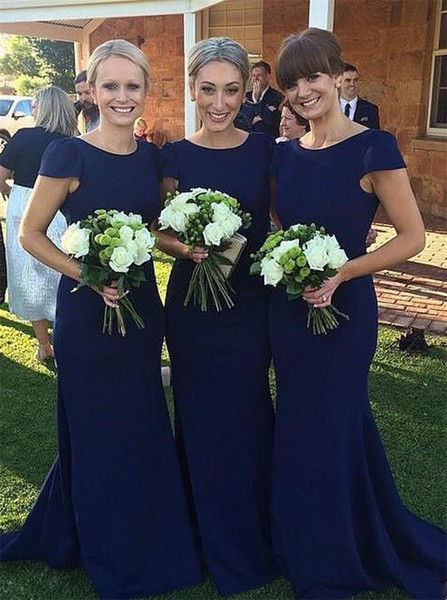 Simple Navy Blue Mermaid Long Bridesmaid Dresses New Short Sleeve Floor Length Wedding Guest Dress Party Gowns Bridesmaids Dress