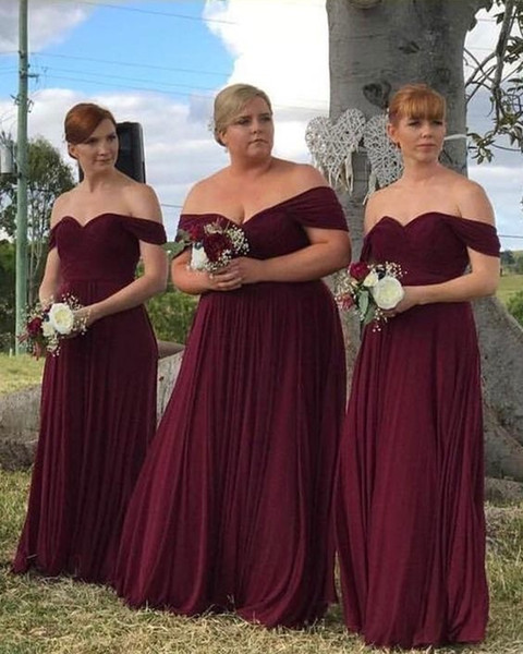 Cheap Burgundy Long Bridesmaid Dresses New Off The Shoulder Floor Length Ruffle Draped Chiffon Wedding Gowns Bridesmaid Dress