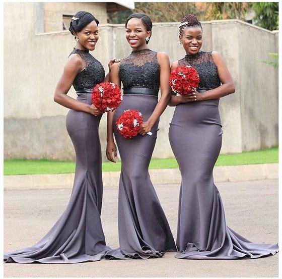 African Grey Mermaid Long Bridesmaids Dresses New Sleeveless High Neck Beaded Floor Length Illusion Wedding Gowns Bridesmaid Dress