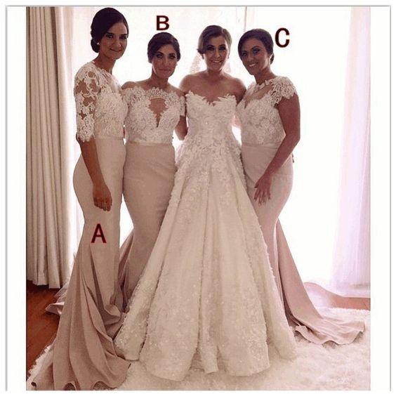 There Style Mermaid Long Bridesmaids Dresses New White Lace Applique Floor Length Illusion Wedding Gowns Bridesmaid Dress Custom Made