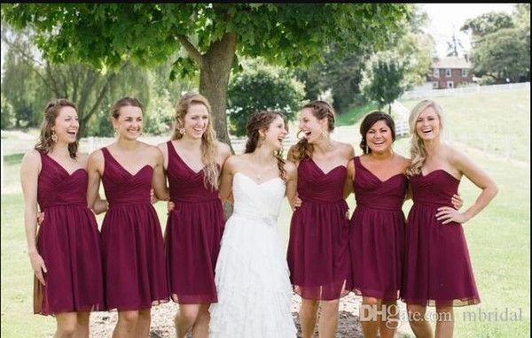 Cheap Burgundy One Shoulder Bridesmaid Dresses 2017 New Keen Length Ruffle Chiffon Short Formal Wedding Gown Dresses Custom Made Plus Size