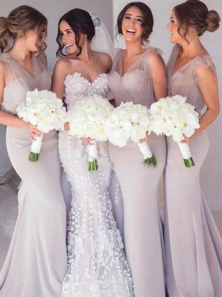 Simple Long Mermaid Bridesmaids Dresses New Sleeveless Tull Bow Chiffon Floor Length V Neck Wedding Gowns Bridesmaid dress