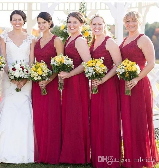 Red A Line Bridesmaid Dresses 2017 New V Neck Lace Chiffon Backless Sleeveless Formal Wedding Dresses Party Gown Custom Made Plus Size