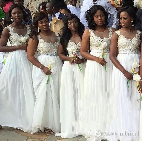 African Champagne White Bridesmaid Dresses 2017 New Lace Chiffon Sleeveless Side Split Formal Wedding Gown Dresses Custom Made Plus Size