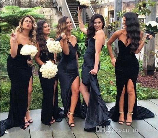 Black Bridesmaid Dresses 2017 New Split Side Sweetheart Velvet Sweep Strain Formal Wedding Gown Evening Dresses Custom Made Plus Size