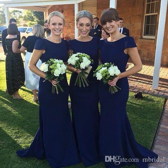 Simple Navy Blue Mermaid Bridesmaid Dresses 2017 New Long Scoop Neck Short Caped Sleeve Formal Wedding Gown Party Dresses Custom Made