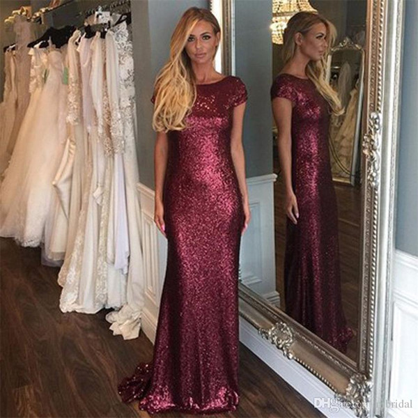 Simple Burgundy Long Bridesmaid Dresses 2017 New Short Sleeve Mermaid Sequins Wedding Gown Dresses Backless Evening Party Dresses