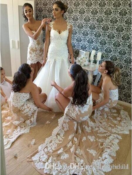 Sexy High Low Bridesmaid Dresses 2017 New White Lace Applique Champagne Wedding Gown Bridesmaid Dress Long Prom Dress Custom Made Plus Size