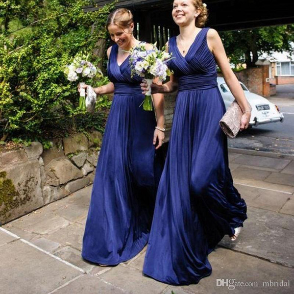 Cheap Navy Blue Long Bridesmaid Dresses 2017 New A Line Floor Length Pleats Draped V Neck Formal Dresses Wedding Gown Custom Made Plus Size