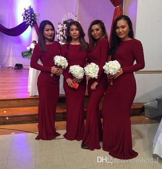 Burgundy Long Sleeve Bridesmaid Dresses 2017 New Scoop Neck Mermaid Floor Length Formal Wedding Gown Evening Dresses Custom Made Plus Size