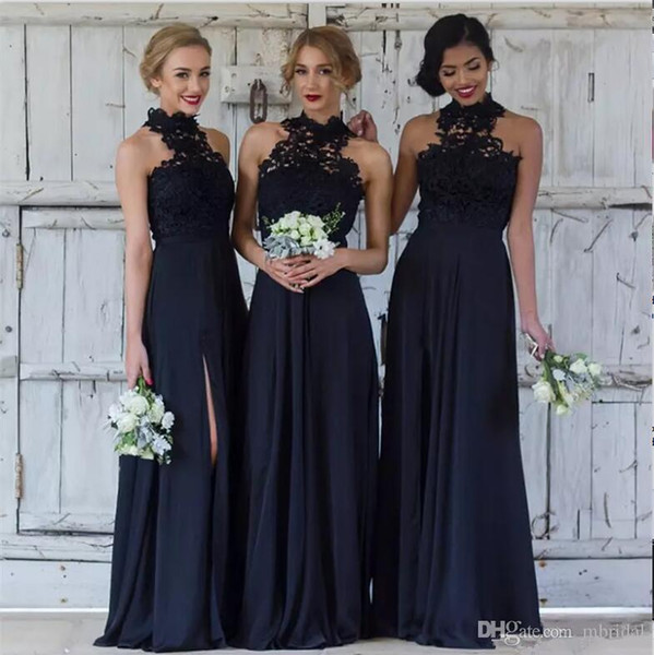 New Navy Blue Lace Chiffon Bridesmaid Dresses Halter Neck Sleeveless Floor Length Split Side A Line Formal Wedding Gown Party Dress