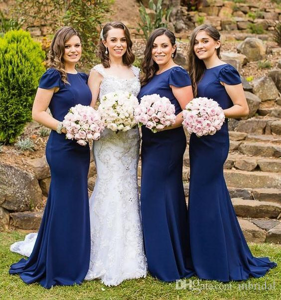 Simple Blue Long Bridesmaid Dresses 2017 New Cap Sleeve Mermaid Scoop Neck Formal Evening Party Wedding Gown Custom Made Plus Size