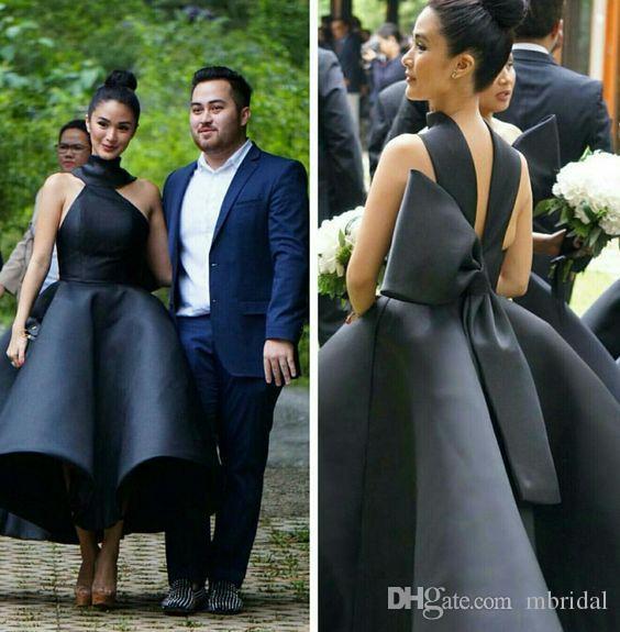 Sexy Backless Black Bridesmaid Dresses New Sleeveless Ankle length Stain Bow Formal Prom Party Gown Dress Custom Made Plus Size