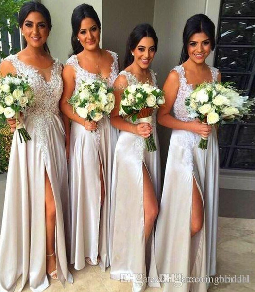 Simple Cheap Long Bridesmaid Dresses 2017 New Sleeveless Scoop Neck Split Side Chiffon Lace Applique Prom Party Wedding Gown Plus Size