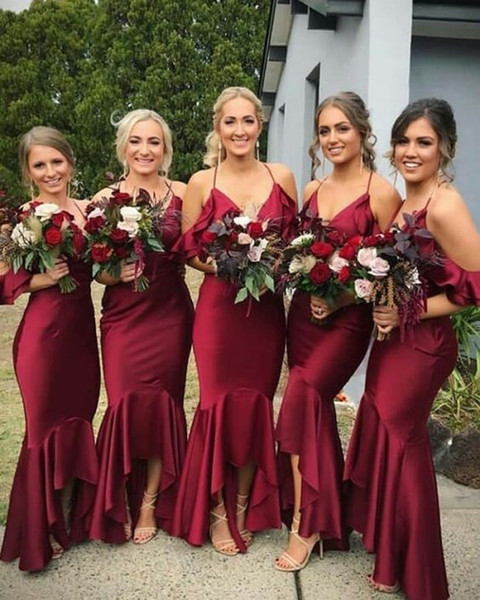 Burgundy High Low Mermaid Bridesmaid Dresses New V Neck Cascading Ruffles Sleeveless Wedding Gowns Bridesmaid Dress Custom Made