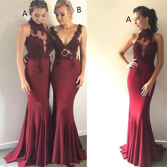 Sexy Burgundy Mermaid Bridesmaids Dresses New Sleeveless High Neck Deep V Neck Floor Length Wedding Gowns Bridesmaid Dress