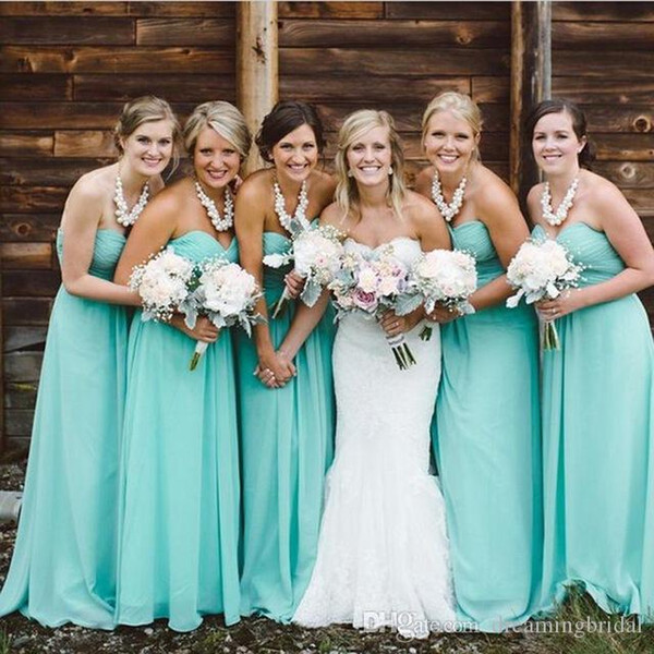 Turquoise Long A Line Bridesmaids Dresses New Sweetheart Ruched Floor Length Chiffon Wedding Gowns Bridesmaids Dress Custom Made