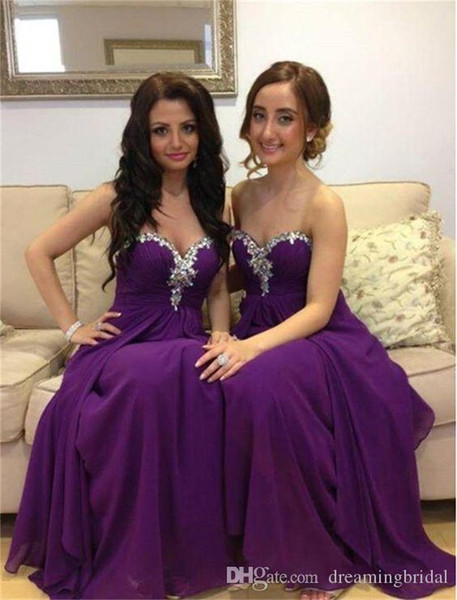 Purple A Line Bridesmaid Dresses 2017 New Crystal Sweetheart Sleeveless Ruffles Long Bridesmaid Dress Wedding Gown Formal Party Dresses