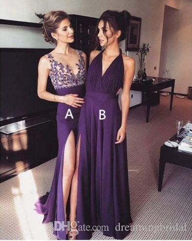 Purple Long Bridesmaid Dresses 2017 New Side Split Floor Length Sleeveless V Neck Formal Evening Dresses Wedding Gown Custom Made Plus Size