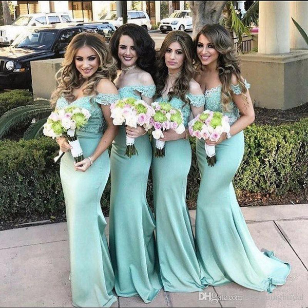 Custom Made Turquoise Mermaid Bridesmaids Dresses New Off The Shoulder Lace Applique Floor Length Wedding Gowns Long Bridesmaid Dress