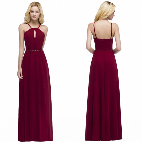 100% Real Made 2022Burgundy Chiffon Bridesmaid Dresses A-line Halter Neck Backless Wedding Guest Party Prom Evening Gowns CPS862