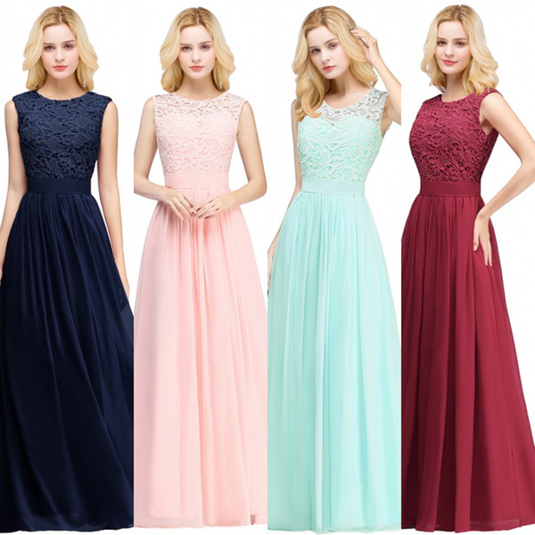 Lace Applique Elegant Bridesmaid Dresses Wedding Guest Dress Sheer Back Zipper Chiffon Long Formal Gowns Cheap Under $50 CPS489