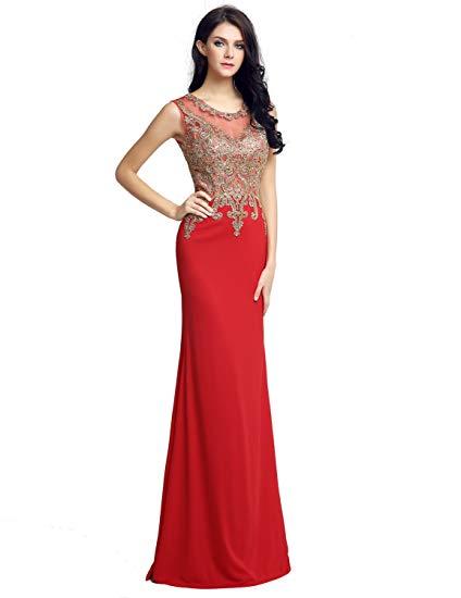 Clearbridal Long Mermaid Gold Lace Appliques Prom Evening Gowns LX211