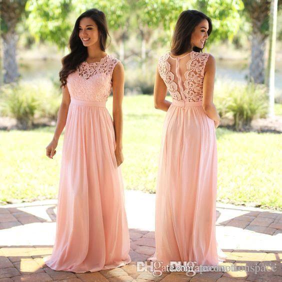 Elegant Coral Mint Bridesmaid Dresses Lace Appliqued Wedding Guest Dress Sheer Back Zipper Sweep Train Chiffon Cheap Formal Gown 2019